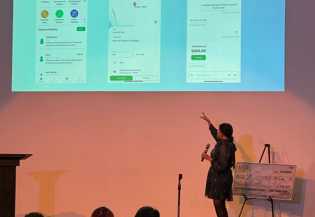 A founder pitching on stage at the 2025 Alaska Angel Conference